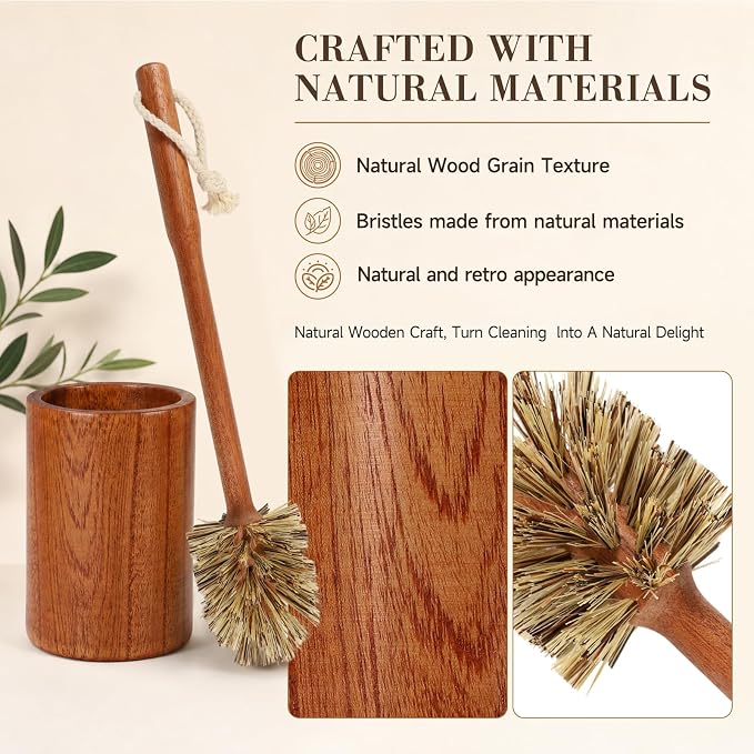 Wooden Toilet Brush and Holder, 13.9'' Long Handle Toilet Scrubber | Durable Ebony Wood, Natural & No Plastic, Moderate Hardness Bristles, No scratch, Stable Holder, Decoration for Bathroom
