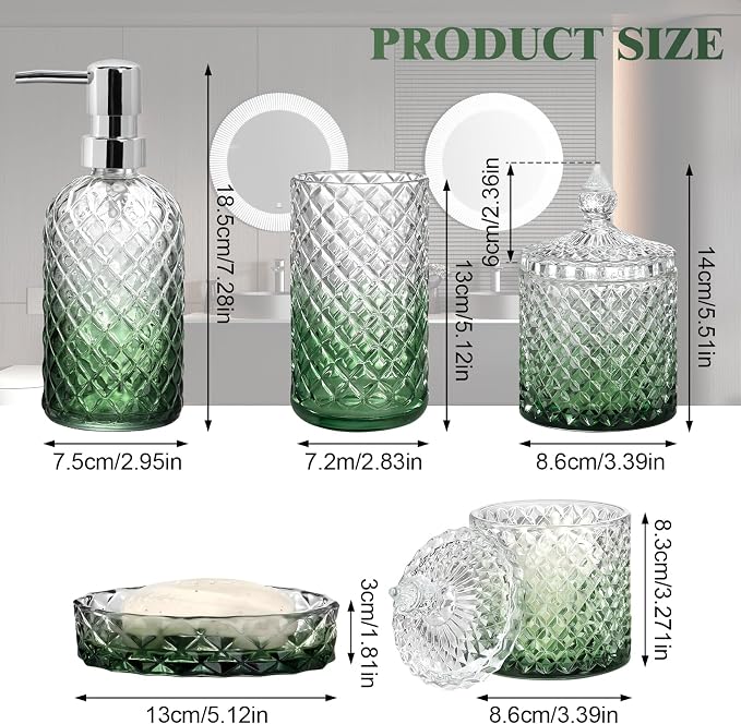 Bathroom Accessories Set, 5Pcs Bathroom Soap Dispenser Set, Glass Bathroom Accessories with Glass Soap Dispenser, Soap Dish, Toothbrush Holder, Tumbler, Cotton Swab Jar (Gradient Clear & Green)