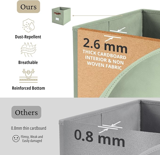 DECOMOMO Storage Bins, Cube Storage Bin with Labels | 13" x 13" x 13" Fabric Storage Cubes for Shelves (6pcs, Sage Green)