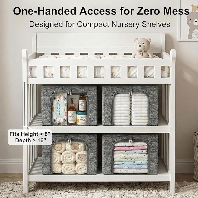 GoMaihe Baby Clothes Storage Bins with Metal Frame 27L 3-Pack Grey | Kids Toddler Child Clothing & Towels Small Items, Closet Top Shelf Boxes, Collapse-Proof Stackable, Clear Window Dual Access