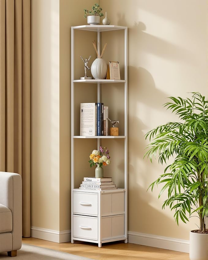 Housolution 6 Tier Corner Shelf Stand with Storage and Fabric Drawers,White | 63.4'' Tall Narrow Corner Bookshelf, Freestanding Corners Storage Shelf for Living Room Bedroom Small Space