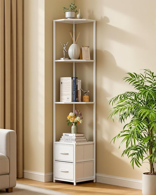 Housolution 6 Tier Corner Shelf Stand with Storage and Fabric Drawers,White | 63.4'' Tall Narrow Corner Bookshelf, Freestanding Corners Storage Shelf for Living Room Bedroom Small Space