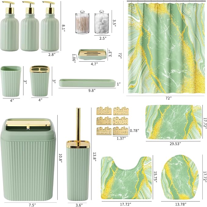 21PCS Bathroom Sets with Shower Curtain and Rugs Bathroom Accessories Set Dark Green Bathroom Set Complete with Trash Can, Toilet Brush, Qtip Holder & 3PCS Soap Dispenser