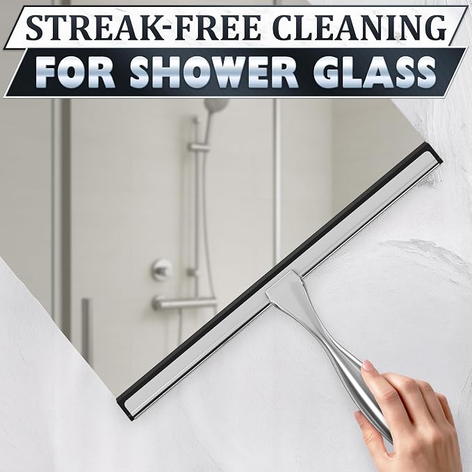 12 in Bathroom Squeegee for Shower Glass, Stainless Steel (Silver) | Shower Squeegee for Glass Doors, Silicone Blade, Adhesive and Hanging Hooks, for Bathroom, Mirror, Tile, Window, and Car