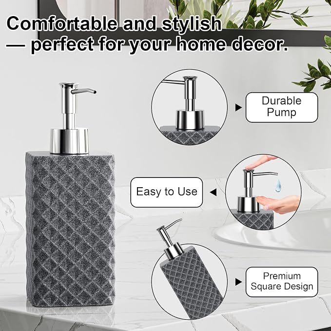 Bathroom Accessories Set Resin 6PCS, Square Toothbrush Holders Set Complete with Soap Dispenser, Vanity Tray, Tumbler, Cups and Cotton Swab Jars (Gray Diamond, Resin Bath 6 PCS)