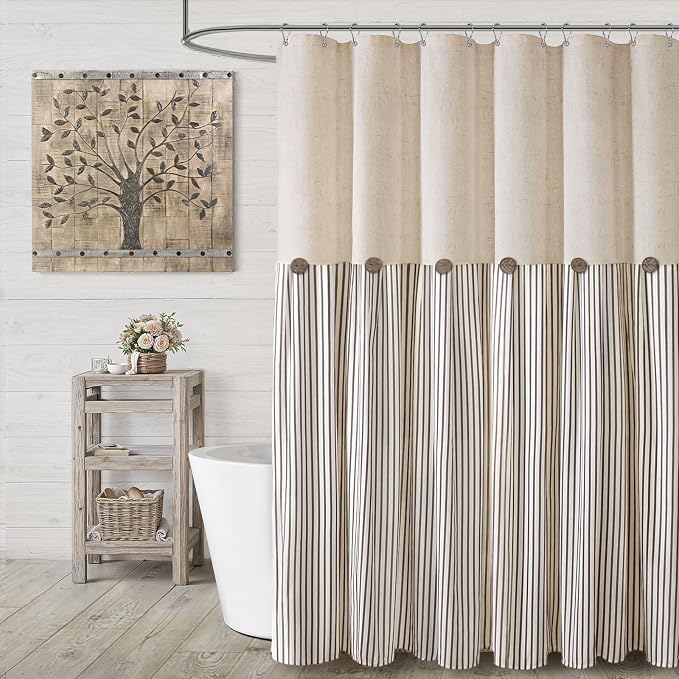 Farmhouse Shower Curtain Linen Beige Button Brown Stripe 72"W x 84"L | Farmhouse Style, Chic Button, Striped, Linen Fabric, Rustic, Country, Natural Look, Washable, for Bathroom Bathtub