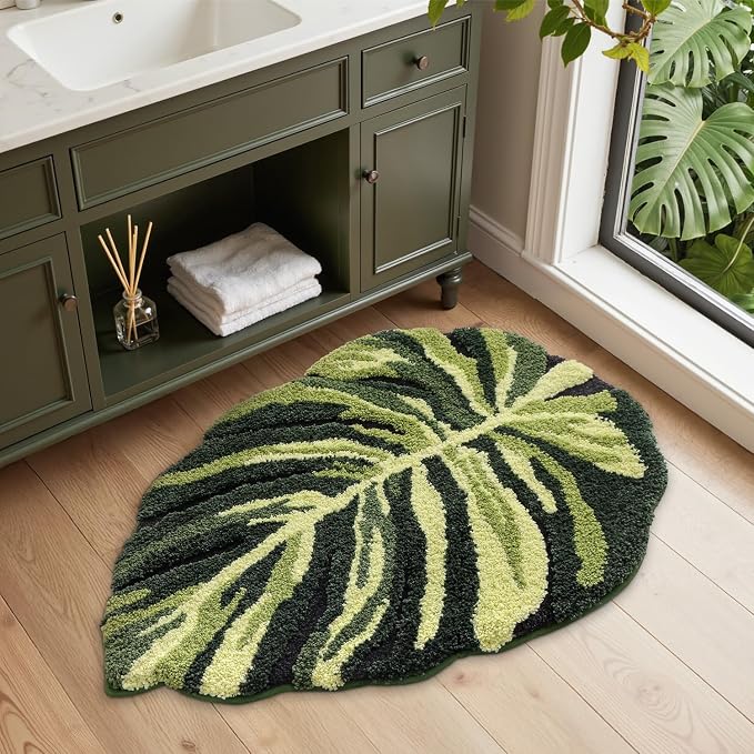 LUMI Cute Bathroom Rug Green Leaf, Absorbent Non Slip Bath Mat, 32"x48" | Dark Monstera Plant, Soft Plush Microfiber, Quick Dry, Washable for Shower Floor, Sink Bathtub, Bedroom, Kids Room