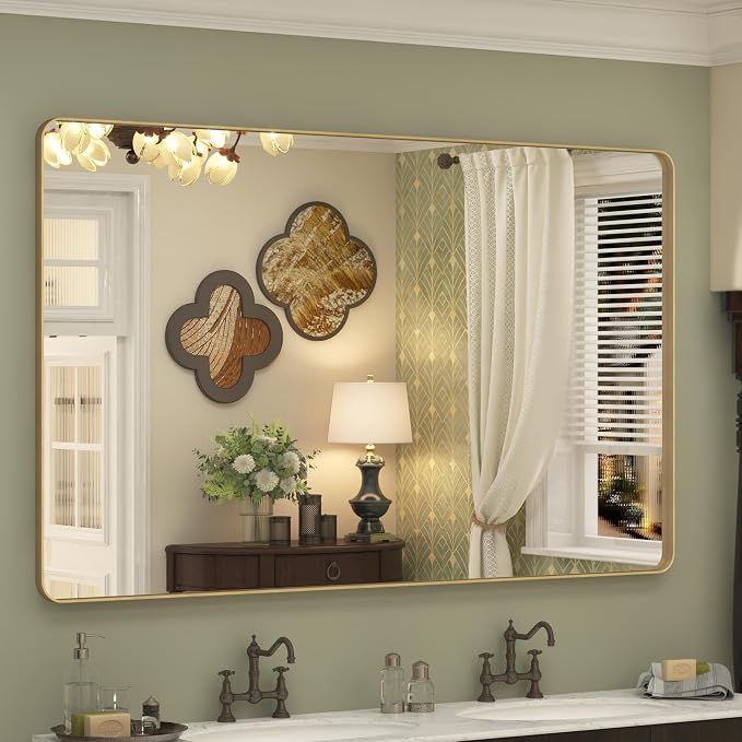 60x36 Inch Gold Framed Bathroom Mirror | Brushed Gold Metal Frame, Rounded Rectangle Gold Mirror, Anti-Rust, Tempered Glass, Hangs Horizontally or Vertically