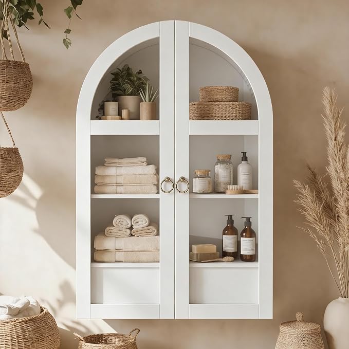 Arched Medicine Cabinet, White Bathroom Wall Cabinet with Tempered Glass Door and Adjustable Shelf for Kitchen, Living Room, Entryway, Laundry Room, Apartment, Office, Small Space