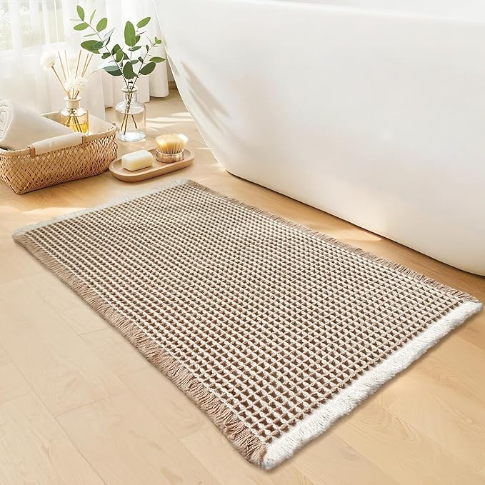 Waffle Bath Mat, Boho Bathroom Rugs Non Slip Washable, 20" x 32" | Super Absorbent Quick Dry Bath Mat, Small Boho Bathroom Mats, Soft Waffle Weave Farmhouse Bathroom Decor, Khaki and White