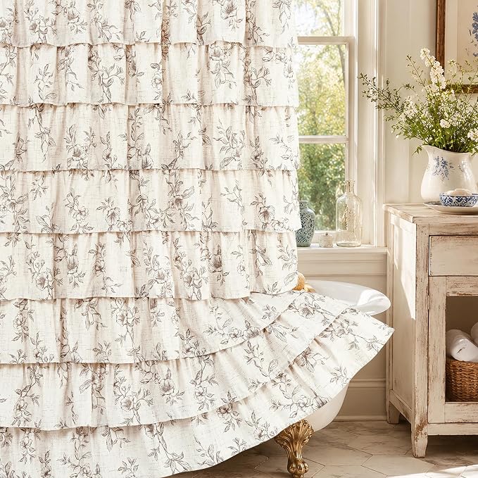 Yinhua Extra Long Farmhouse Ruffle Shower Curtain for Bathroom, 72" Wx84 L | Brown Floral Print, Ruflle Design, 12 Metal Hooks, Vintage Rustic Washable Waterproof Shower Curtain for Bathroom Bathtub