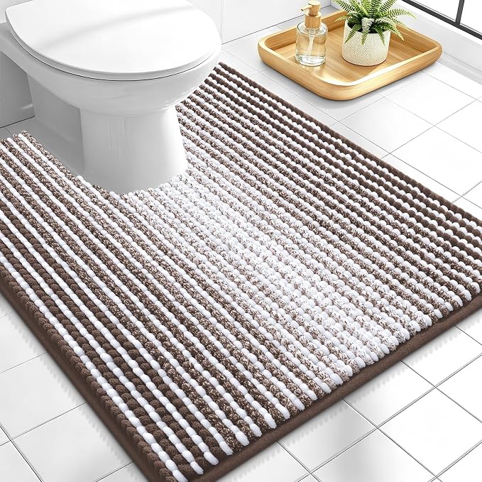 OLANLY Toilet Rugs U-Shaped 24x20, Soft Chenille Contour Bath Mat, Brown | Extra Absorbent, Striped Bathroom Rugs for Toilet, Dry Quickly, Machine Washable, Non-Slip
