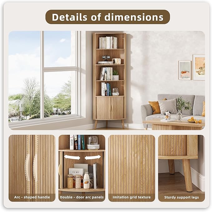 66'' Tall Corner Bookshelf with 2 Fluted Sliding Doors, Oak | 5-Tier Corner Shelf, 5 Shelf Bookcase,Mid-Century Modern,Freestanding Display Storage Organizer for Living Room,Office