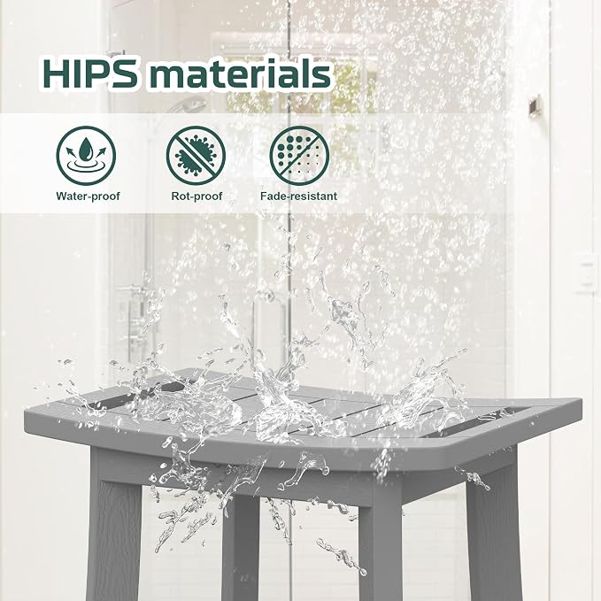 Waterproof HIPS Shower Bench for Inside Shower, Shower Stool, Grey | Ergonomic design, For seating and leg shaving, Wood-Look texture, Easy care, Storage shelf, Non-slip leveling feet, 350 lb