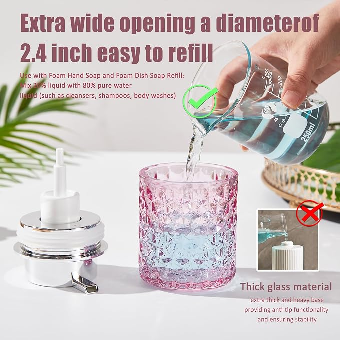 Malachi Foaming Hand Soap Dispenser, Refillable Clear Glass Foam Pump Bottle for Liquid Hand Soap, Dish Soap, Multi‑use for Bathroom, Kitchen & Commercial Use
