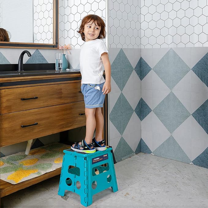 Flottian 13" Folding Step Stool for Adults and Kids Holds Up to 300 lbs,Non-Slip Folding Stools with Handle, Compact Plastic Foldable Step Stool for Bathroom,Bedroom, Kitchen Ocean Blue,1PC