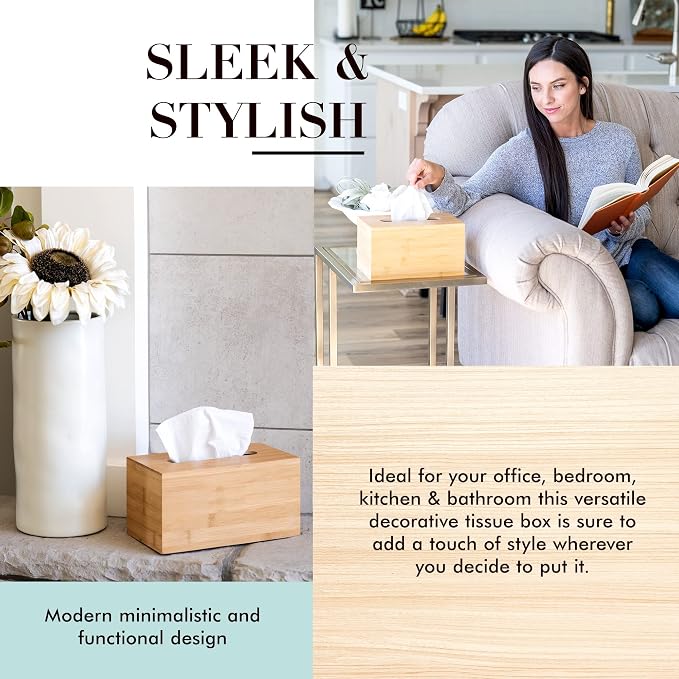 Design Tissue Box Holder - Modern, Minimalist, and Durable Wooden Bamboo Tissue Box with Sliding Bottom, Easy-Refill- Premium-Quality Bamboo Tissue Box Cover, Fits 230-Count Box, Tall Rectangular