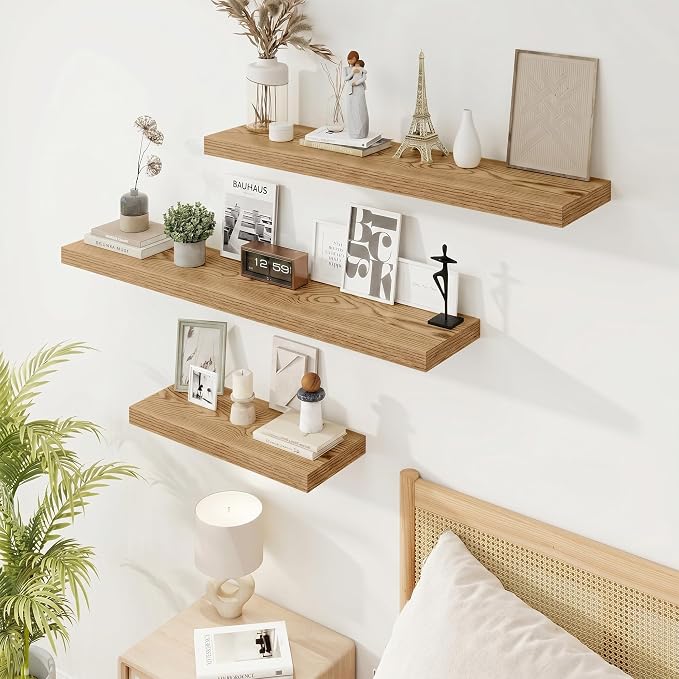 9.25in Depth 30in Floating Shelves, 30x9.25x1.4,Light Brown, Set of 2 | Wall Mounted Engineered Wood Shelves, Invisible Brackets for Living Room, Bedroom, Bathroom, Kitchen Decor and Storage