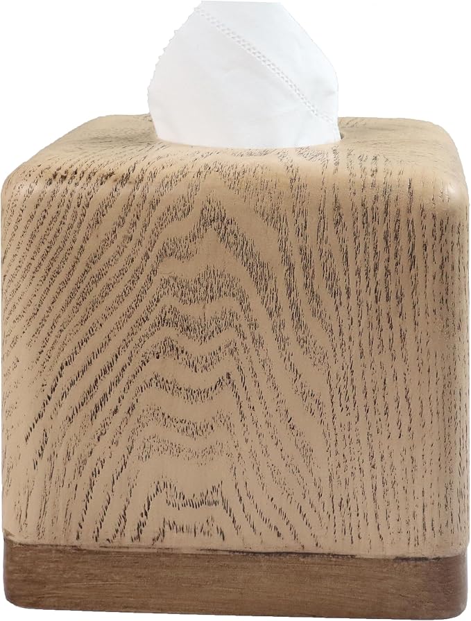 Hymmah Wooden Texture Square Tissue Box Cover Cube Tissue Holder Unique Design Klenex Box Dispenser for Bathroom Vanity Counter Tops Also Great for Bedrooms and Living Rooms