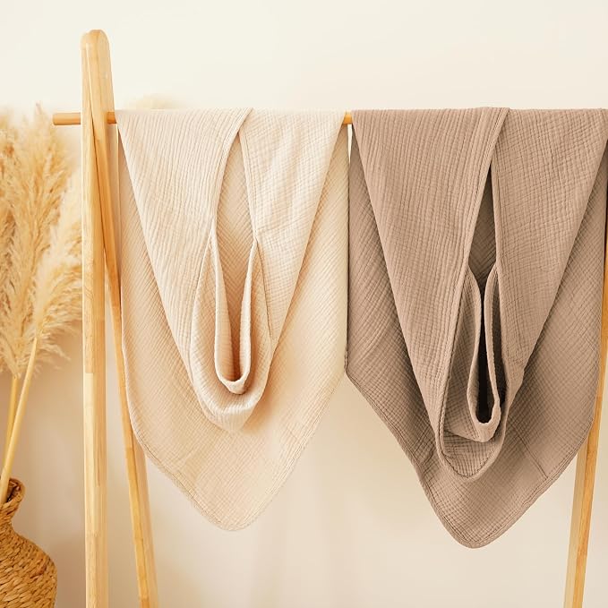 Konssy 2-Pack Muslin Hooded Baby Towels, Bath Towel for Newborns, Toddlers | 32 x 32 In, Ultra-Soft & Absorbent, 100% Cotton Bath Towels Set With Hood for Infants, Boys and Girls (Cream, Camel)