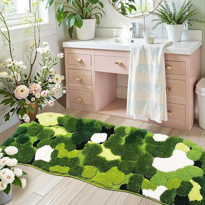 Hifuwan Cute Green Moss Bathroom Runner Rugs 24x60, Plant Leaves Bath Mats | Extra Large, Shaggy, Non Slip, Absorbent,Machine Washable Shower Mats for Kitchen Bedroom Sinks Cottagecore Decor