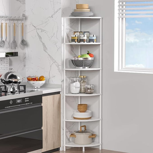 6 Tier Corner Shelf Stand, 54.4", Marble White | Metal Frame, Bathroom Kitchen Shelf Organizer Storage, Small Corner Shelf for Bedroom Living Room Decor Accessories