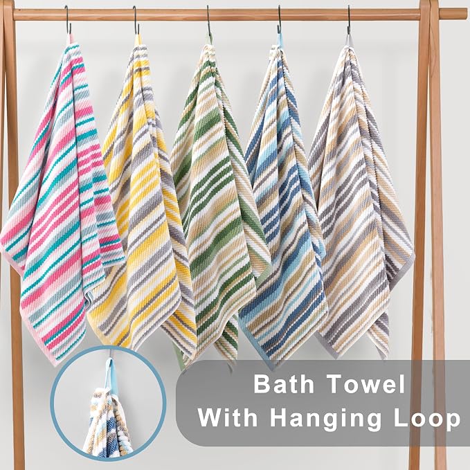 VOOVA & MOVAS Striped Bath Towels 4 Pack, 100% Cotton, 28x52 in, Pink Teal | Perfect for Everyday Bathing, Quick Dry, Soft, Absorbent, Lightweight, Bath Towels with Hanging Loops