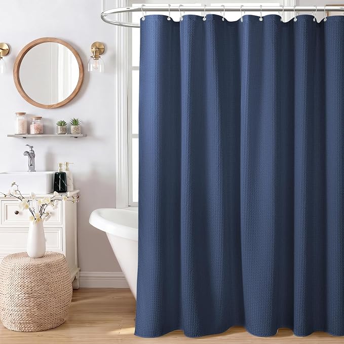 Long Waffle Shower Curtain 256 GSM Heavy Fabric 72x78 Navy Blue | 78 Inch Long, Thick Polyester Cloth, Weighted Hem, Water Repellent, Washable, Tall Hotel Bathroom Shower Curtain Set 12 Hooks