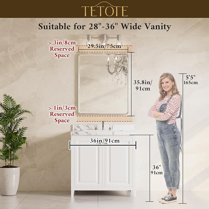 Brushed Nickel Mirrors for Wall 30 x 36 Beveled Edge Tempered Glass, Rounded Corner Rectangle Framed Mirror for Modern Bathroom, Living Room, Bedroom, Entryway