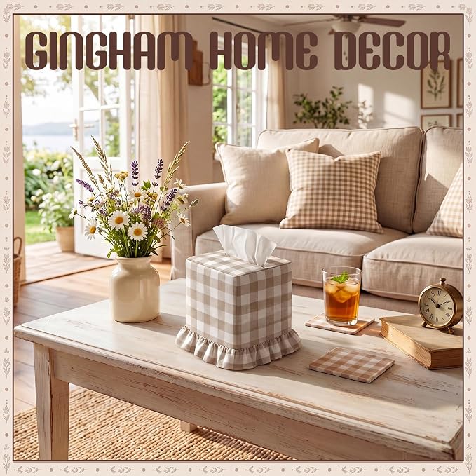 Brown Gingham Tissue Box with Ruffled Cover Cottagecore Handmade Decorative Gingham Napkin Holder for Home Bedroom Living Room Bathroom Vanity Countertop Car Office Kitchen
