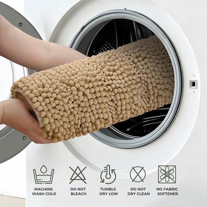 Bcoimo Small Bath Rug Mat,24x17 Chenille Non Slip Tan Bathroom Shower Mats | Extra Soft Bathroom Rugs;Non Slip with Rubber Backing Bath Mats;High Absorbent And Quick Dry Microfiber mat; Machine Washable