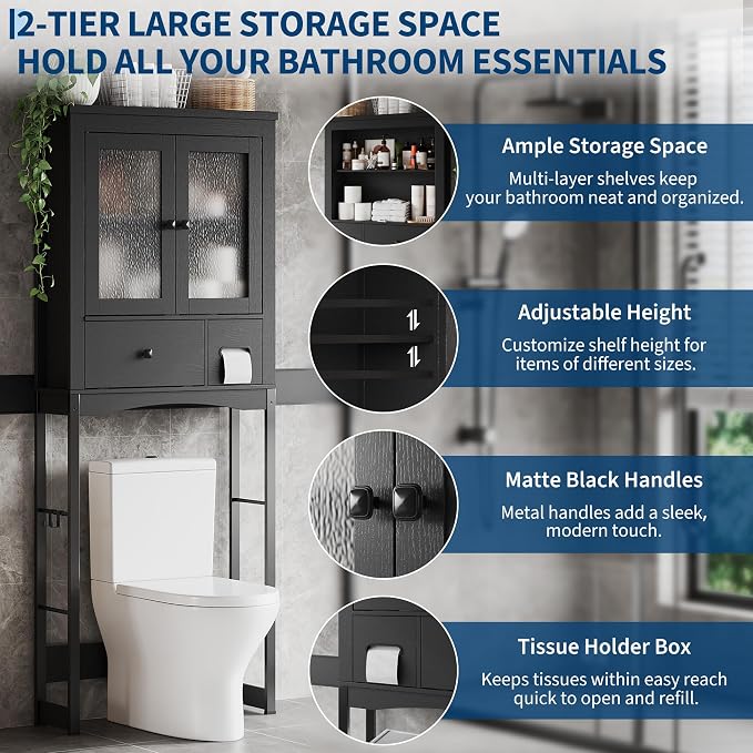 Garvee Over-The-Toilet Storage Rack, Vintage Bathroom Organizer | MDF Shelves & Steel Frame, Space-Saving Toilet Shelf for Small Bathrooms, Bathroom Cabinet for Towels & Toiletries, Black