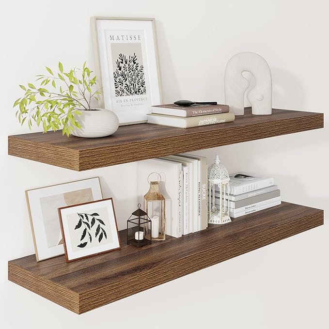 Vivelove Deep Floating Shelves 36x12” Set of 2, Walnut | Easy Install With Hardware, 2" Thick, Invisible Brackets, Wall Mounted, No Sagging, For Any Room