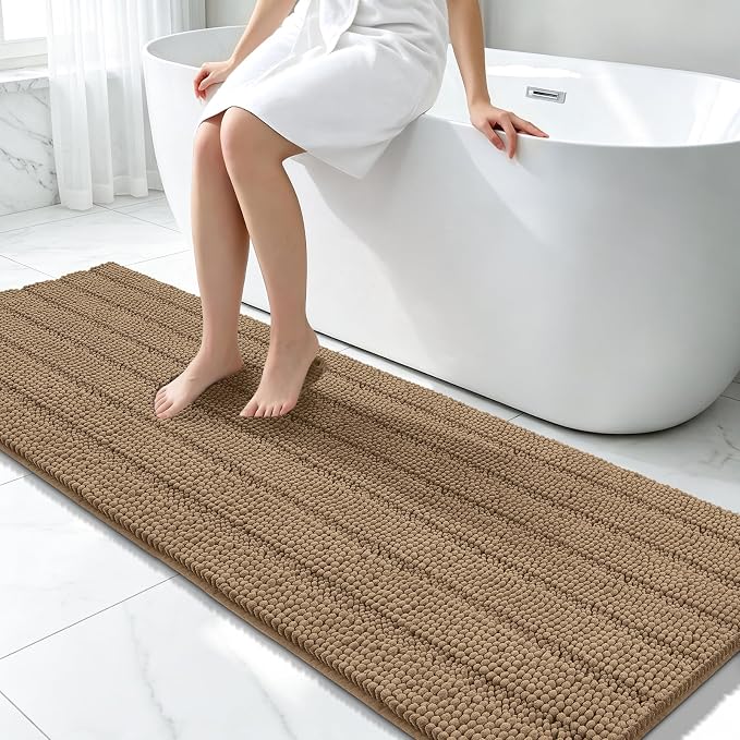 Bcoimo Bath Rug Mat,70x24 Chenille Non Slip Tan Long Bathroom Runner Rugs | Extra Soft Bathroom Floor Mats;Non Slip with Rubber Back Bath Mats;High Absorbent, Quick Dry Microfiber mat; Machine Washable