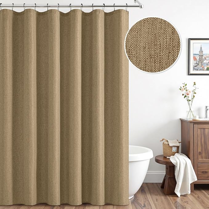 ANRODUO Khaki Linen Textured Fabric Shower Curtain Set - W72xL84 | Farmhouse Shower Curtain with 12 Metal Hooks, Waterproof Heavy Duty, Button Hole Design, Machine Washable for Bathroom
