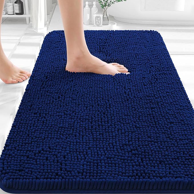 OLANLY Bathroom Rugs 35x24, Extra Soft Absorbent Chenille Bath Rugs | Navy, Quick-Drying Rubber Backing, Machine Washable Bath Mat for Bathroom Floor, Tub and Shower, Home Decor Accessories