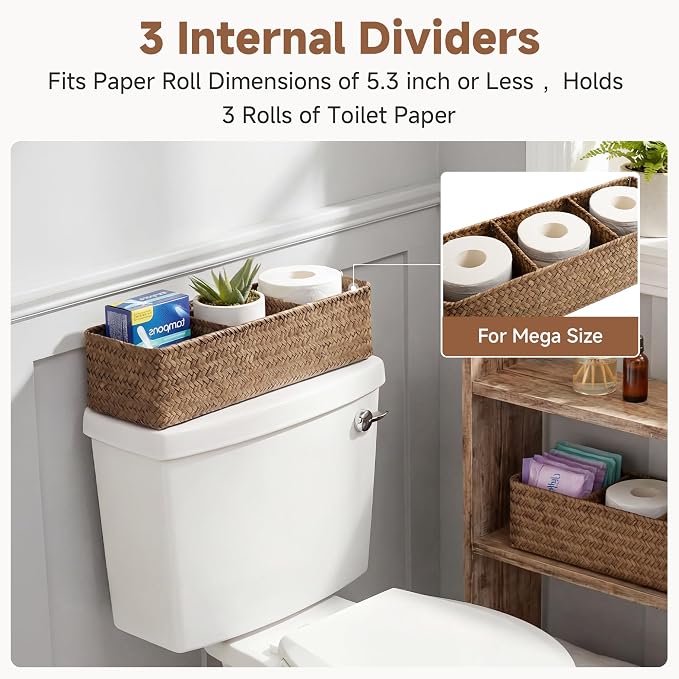StorageWorks Toilet Paper Basket with Lid, Back of Toilet Baskets, Seagrass | Wicker Basket, Toilet Paper Storage for Back of Toilet Tank, Woven Baskets for Shelves, Wicker Baskets with 3 Compartments