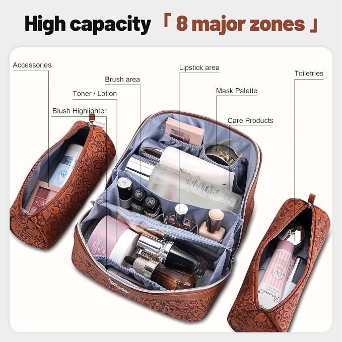 BOYATU Travel Makeup Bag Cosmetic Bags for Women: 3 Pcs Set Make up Bag | Large Capacity Waterproof Vegan Leather Organizer Bags with Compartments - Lay flat Toiletry with Handle (Z-61Brown)