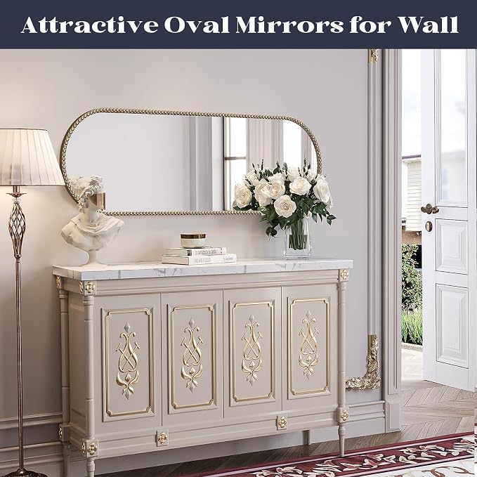 Champagne Bronze Bathroom Mirror,16"x48" Oval Brass Vintage Mirror | Gold Beaded Wall Mirrors with Metal Frame, Antique Vanity Mirror for Over Sink,Entryway,Bedroom,Living Room Fireplace Mantel