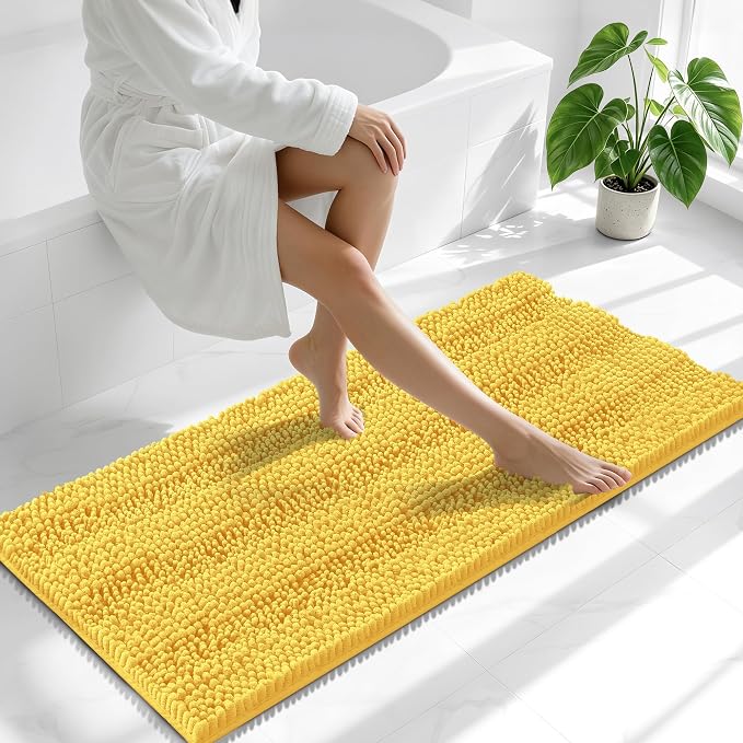 Smiry Thick Chenille Bathroom Runner Rugs 47x24, Absorbent Bath Mat, Yellow | Quick‑Dry & Machine Washable, Non‑Slip Bath Carpet, Soft Striped Bath Rugs for Tub & Shower, Modern Home Decor Accessories