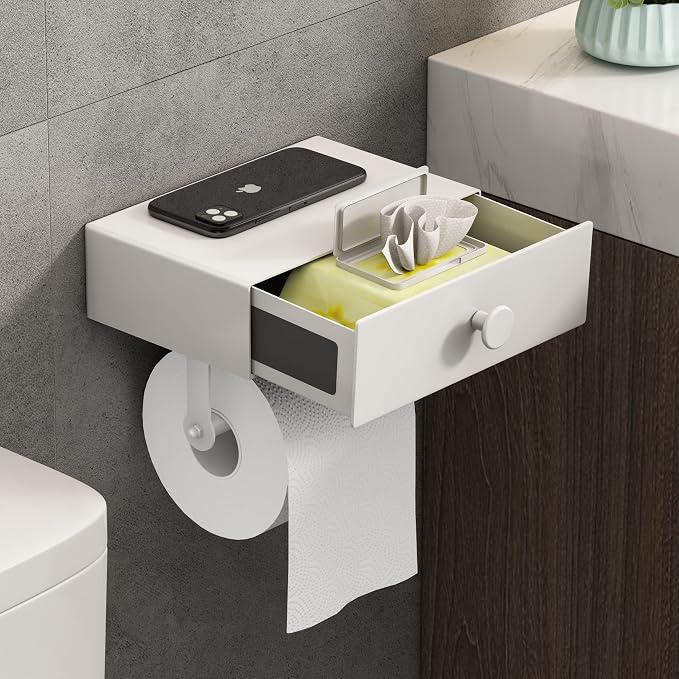 VOLDRA Toilet Paper Holder with Shelf White Wipes Dispenser for Bathroom Toilet Paper Holder with Storage Upgrade Drawer Design Toilet Tissue Holder Adhesive Small Bathroom Shelf Wall Mount
