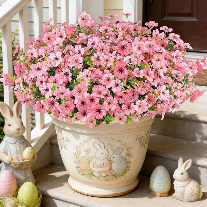 16PCS Artificial Pink Flowers for Outdoors, Fake Silk Pink Flowers | for Hanging Baskets, Window Boxes & Planters, Porch, Yard, Garden, Patio, Spring Summer Outdoor Home Decorations