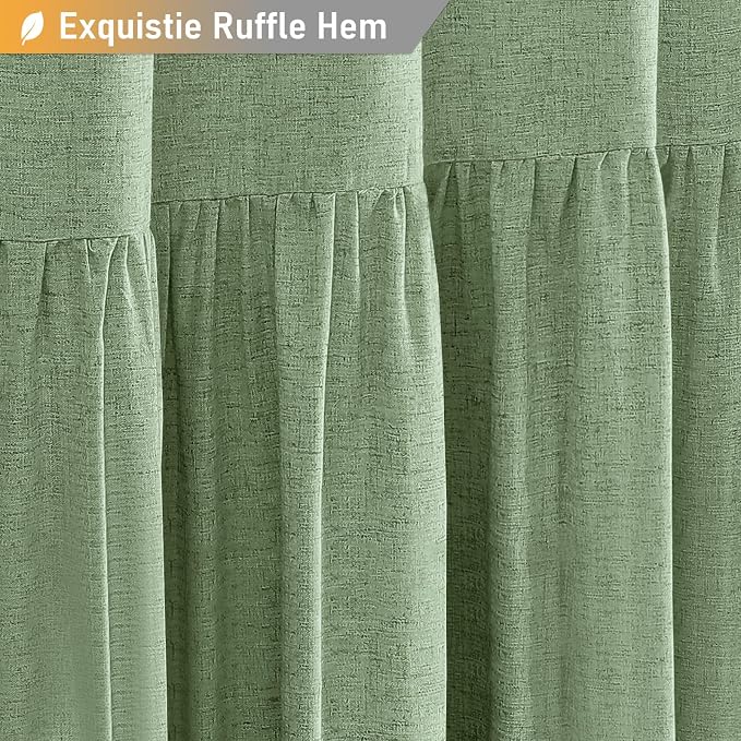 Linen Ruffle Modern Farmhouse Cloth Boho Shower Curtain, 72x72, Green | Ruffle Hem, Heavy Duty Fabric, 12 Hooks, Elegant Drape, Shabby Chic Style, Bathroom Decor, Machine Washable, Easy To Install