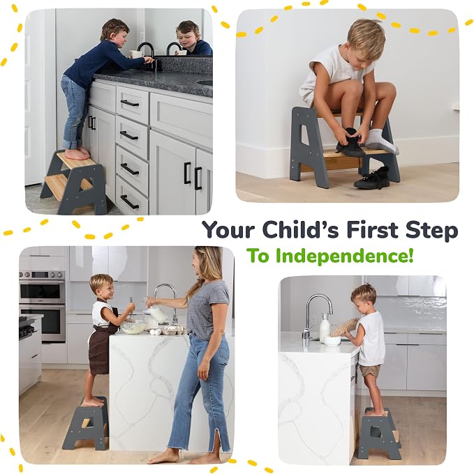 2-Step Wooden Toddler Step Stool for Bathroom Sink & Kitchen Use - Gray | Non-slip steps and padded feet for extra stability. Lightweight to carry, safely supports ages 2+ and adults up to 250 lbs.