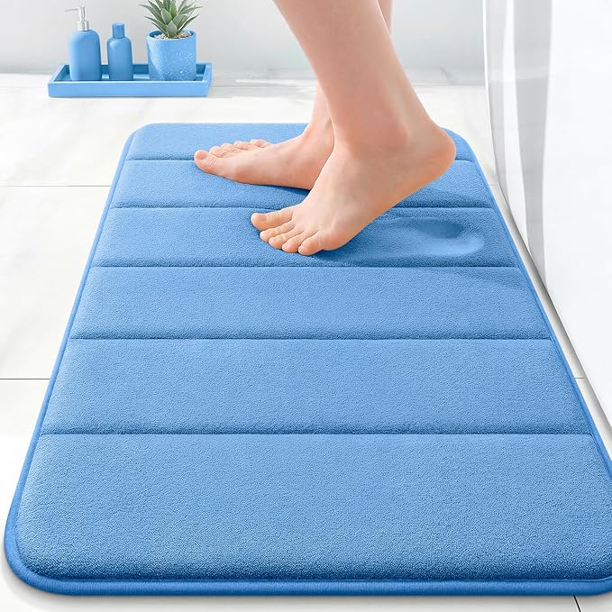 OLANLY Memory Foam Bath Mat 24x16, Super Soft and Absorbent Bathroom Rugs | Cornflower Blue, Quick Dry Bath Rug, Machine Washable Shower Floor Mats, Bathmat Carpet for Bathroom Floor, Tub and Shower