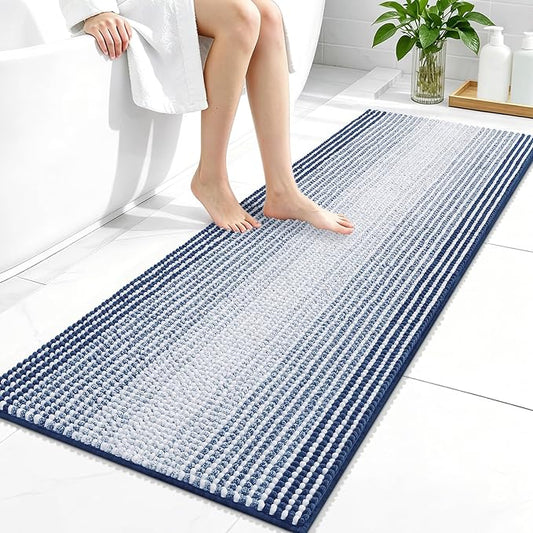 OLANLY Bathroom Runner Rugs 47x20, Soft Chenille Striped Bath Rugs, Navy | Extra Absorbent, Rubber Backing, Machine Wash Dry, Bath Mats for Bathroom Floor, Tub and Shower, Home Decor Accessories