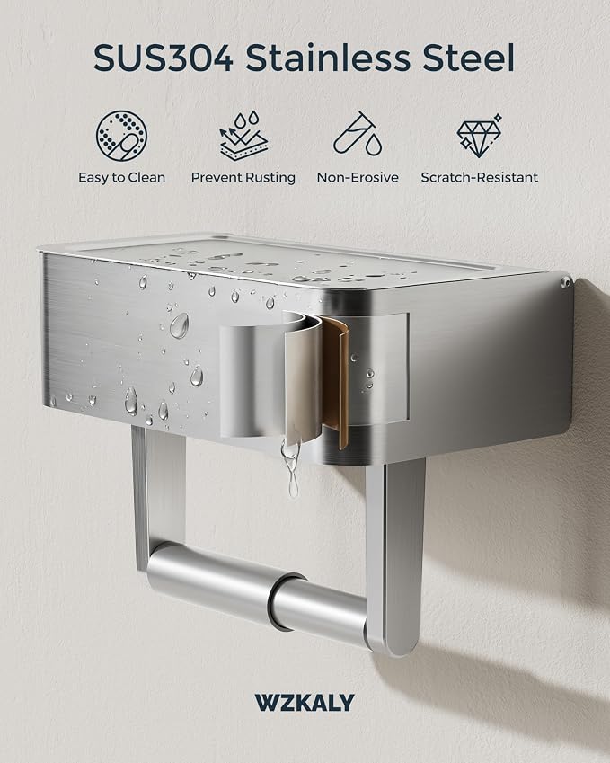 Toilet Paper Holder, Stainless Steel Wall Mount Bathroom Organizer with Shelf, Flushable Wipes Dispenser Storage Fits Any Bathroom and Hide Your Wet Wipes, Regular Roll (nickel)