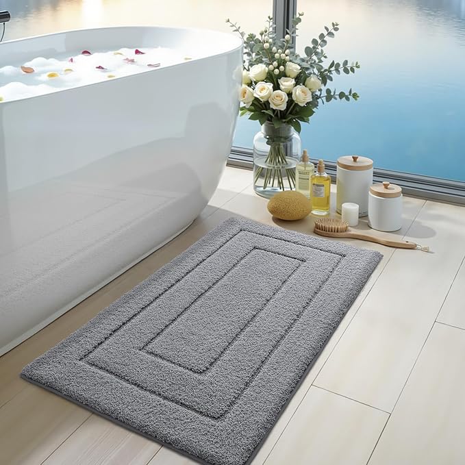 DEXI Bathroom Rugs 36x24, Non-Slip and Absorbent Bath Mat, Grey | Machine Washable, Soft Plush Microfiber Bathmat with Rubber Back, Quick Dry Rug for Shower, Tub, Sink