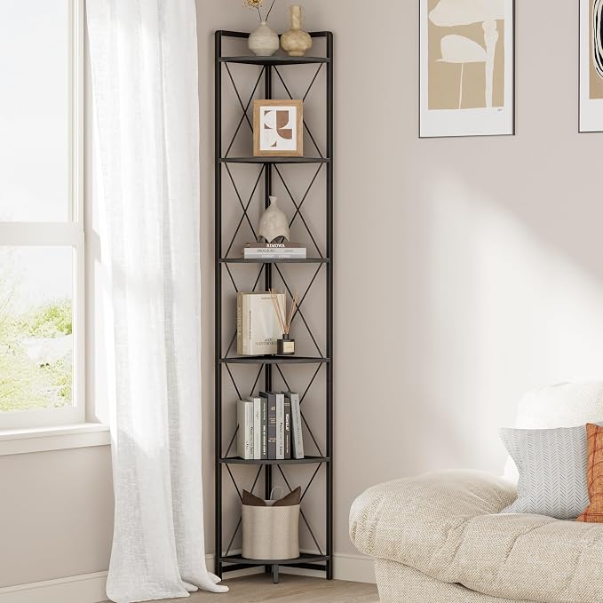 6 Tier Corner Shelf Stand, 78" H Tall Corner Bookshelf, Black | Industrial Metal Corner Shelf for Living Room Decor, Plant Stand Display Shelf for Bedroom, Bathroom, Small Spaces