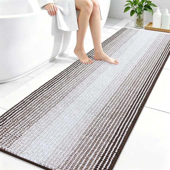 OLANLY Bathroom Runner Rugs 70x24, Soft Chenille Striped Bath Rugs, Brown | Extra Absorbent, Rubber Backing, Machine Wash Dry, Bath Mats for Bathroom Floor, Tub and Shower, Home Decor Accessories